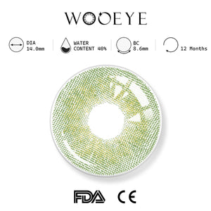 banshe green product specifications, Wooeye logo on top, FDA and CE certification marks on bottom