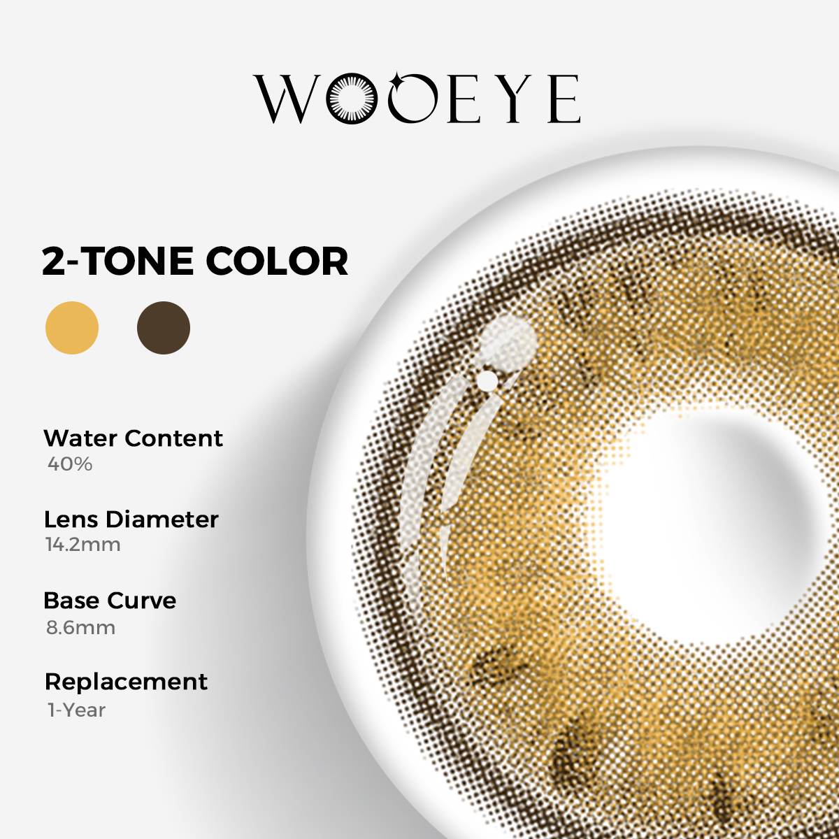 Beverly Brown Color Contacts specifications: 14.2mm diameter, 8.6mm base curve, and 40% water content for daily comfort.