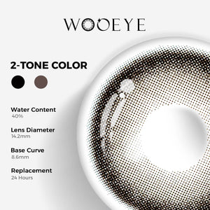 Black Pearl Gray Color Contacts specifications: 14.2mm diameter, 8.6mm base curve, and 40% water content for daily comfort.