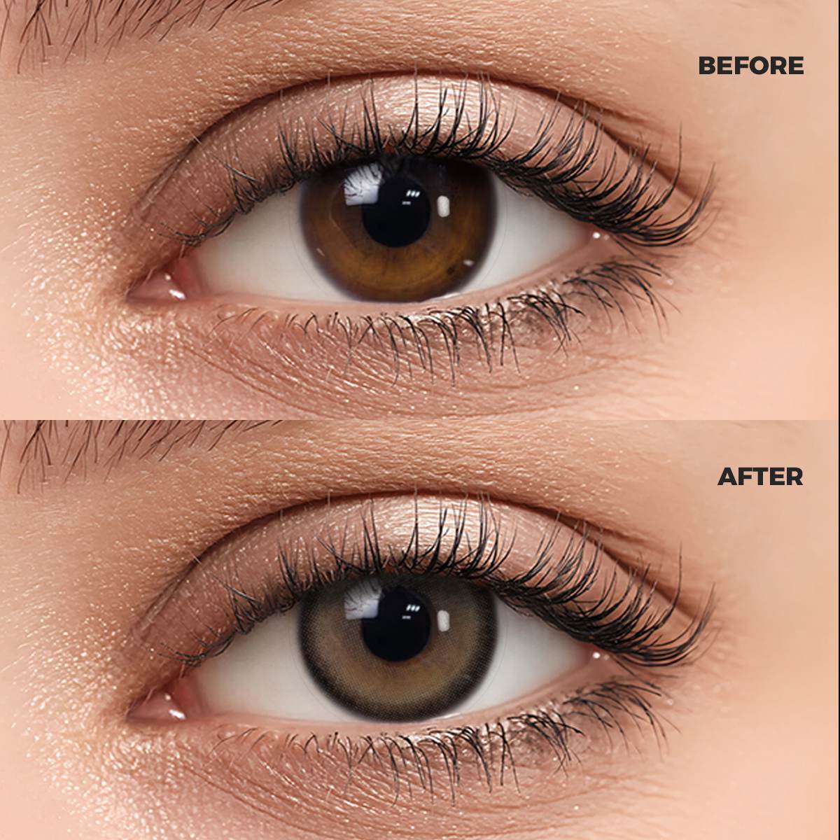 Girl wearing Black Pearl Gray contact lenses before and after effect