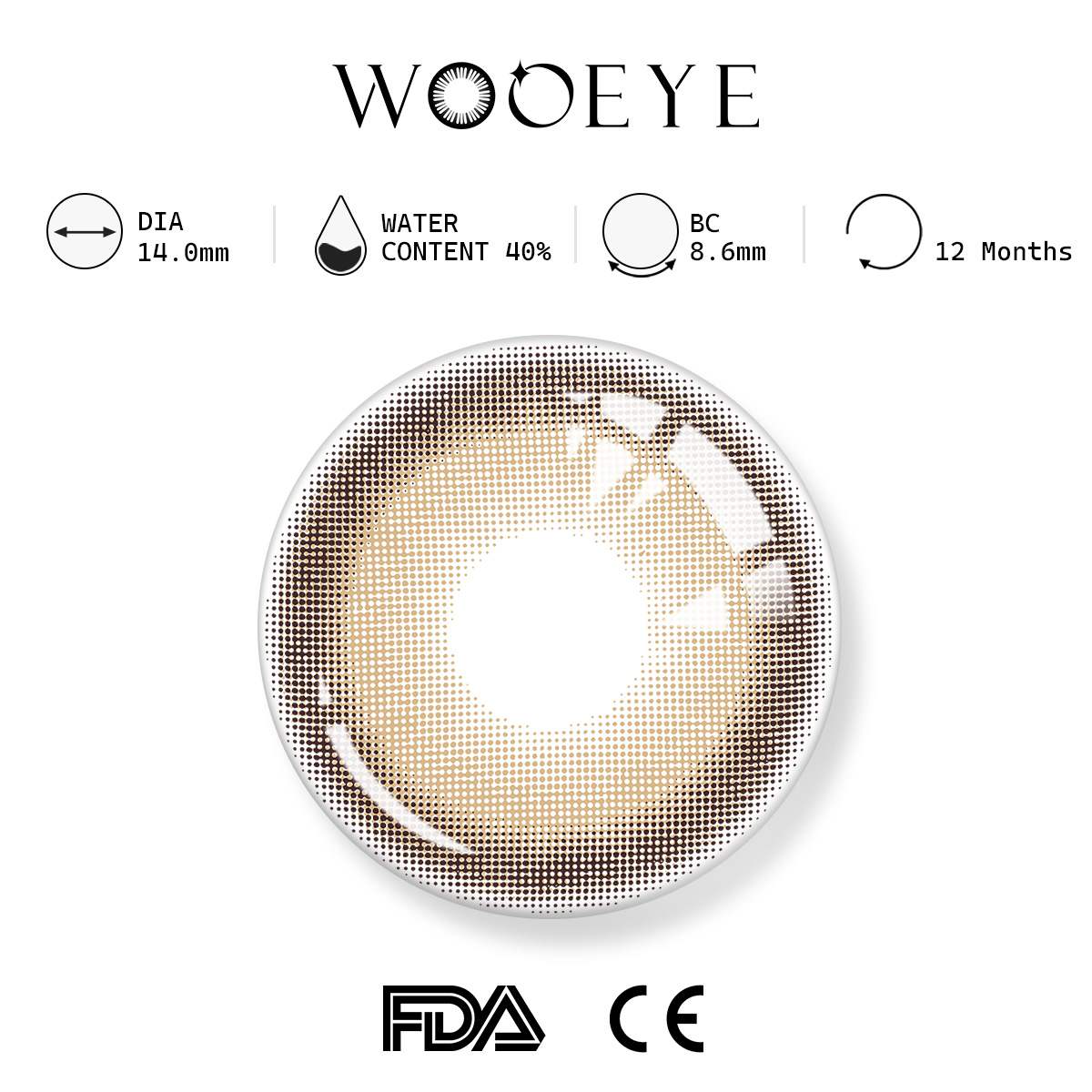 ciass brown product specifications, Wooeye logo on top, FDA and CE certification marks on bottom