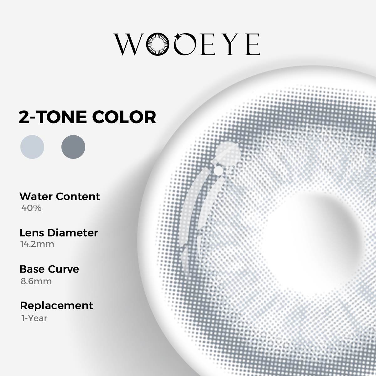 Cape Cod Blue Color Contacts specifications: 14.2mm diameter, 8.6mm base curve, and 40% water content for daily comfort.