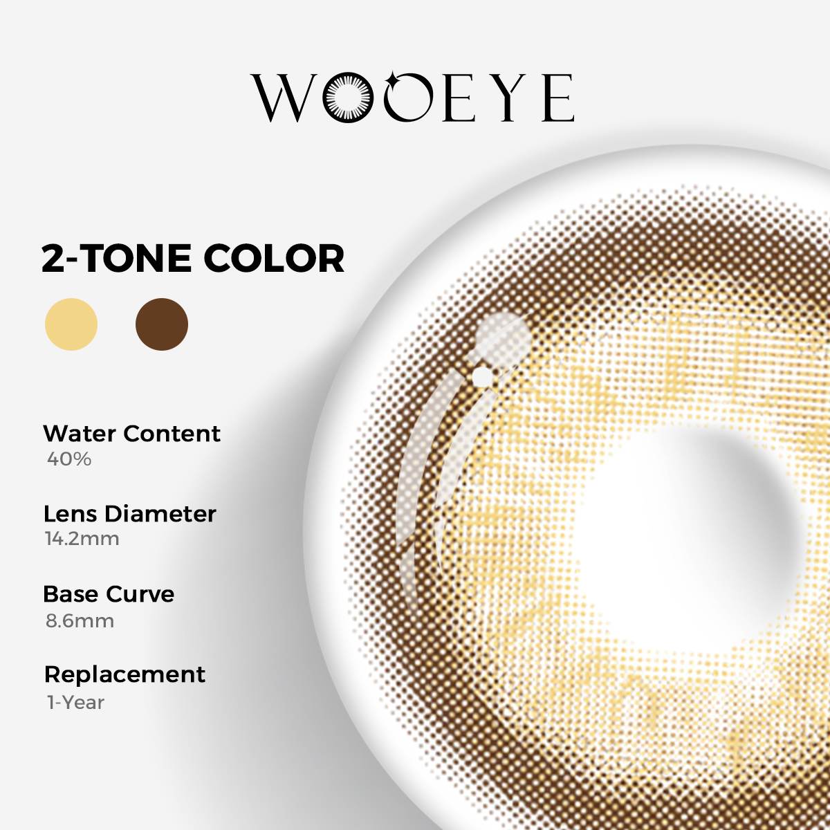 Cape Cod Brown Color Contacts specifications: 14.2mm diameter, 8.6mm base curve, and 40% water content for daily comfort.