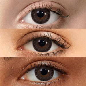 Chocolate Oat Gray II Contact Lenses displayed on models with Fair skin, Medium skin, and Dark skin to show versatility across different complexions.