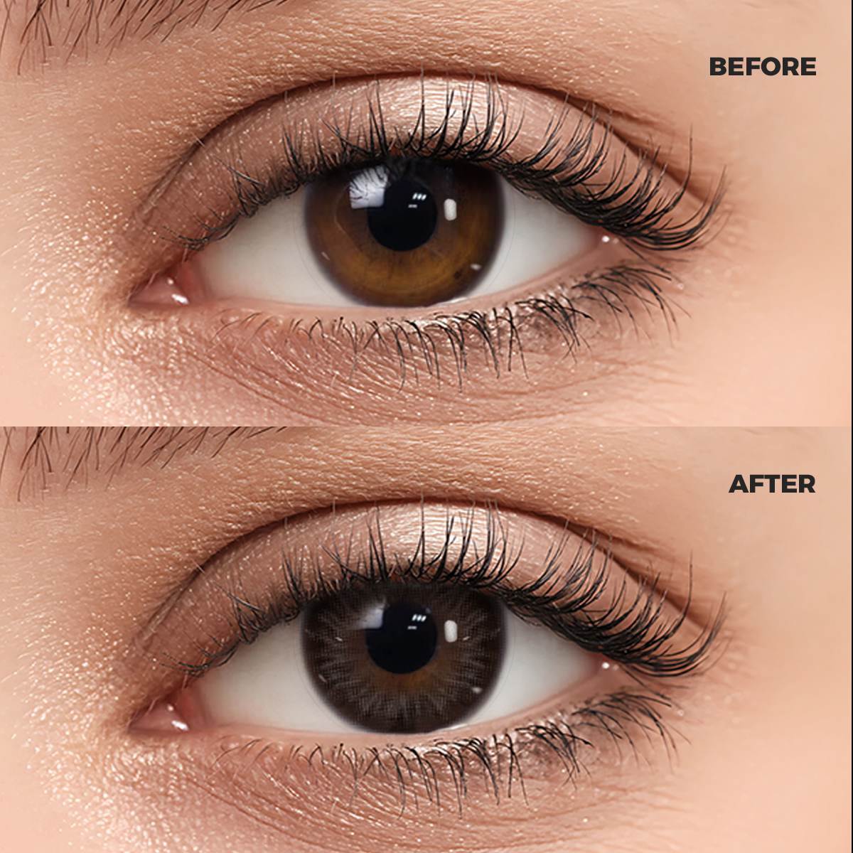 Girl wearing Chocolate Oat Gray II contact lenses before and after effect