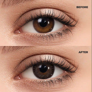 Girl wearing Chocolate Oat Gray II contact lenses before and after effect