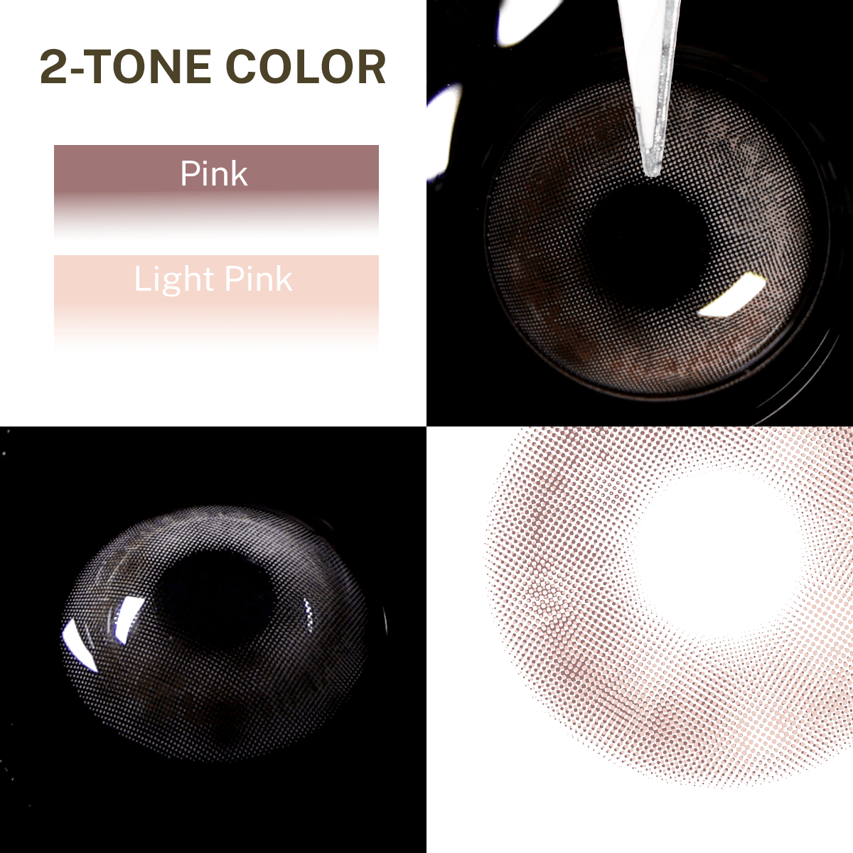 Close-up of the black background and edge details of the Clouds Brown contact lens, two colors of the product on the upper left
