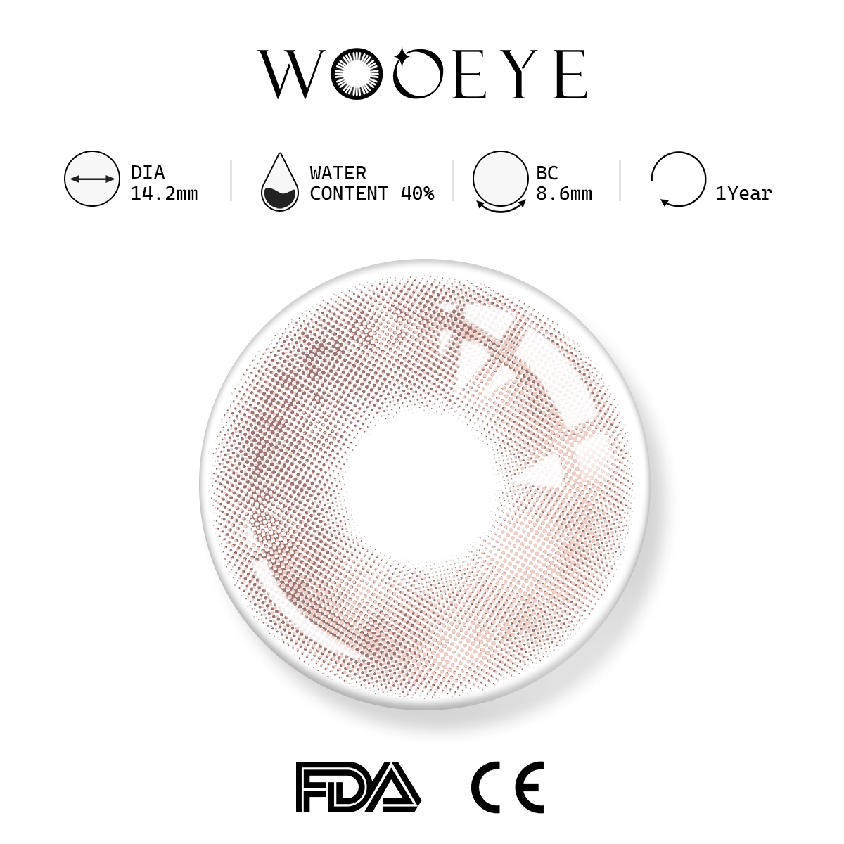 Clouds Brown product specifications, Wooeye logo on top, FDA and CE certification marks on bottom