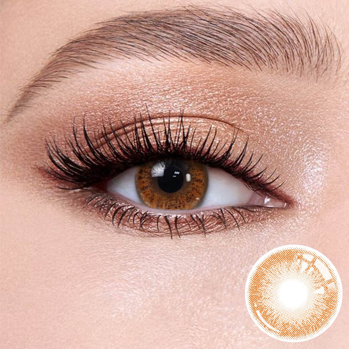 Coffee Gray contact lenses on the eyes, close-up of the product on the lower right