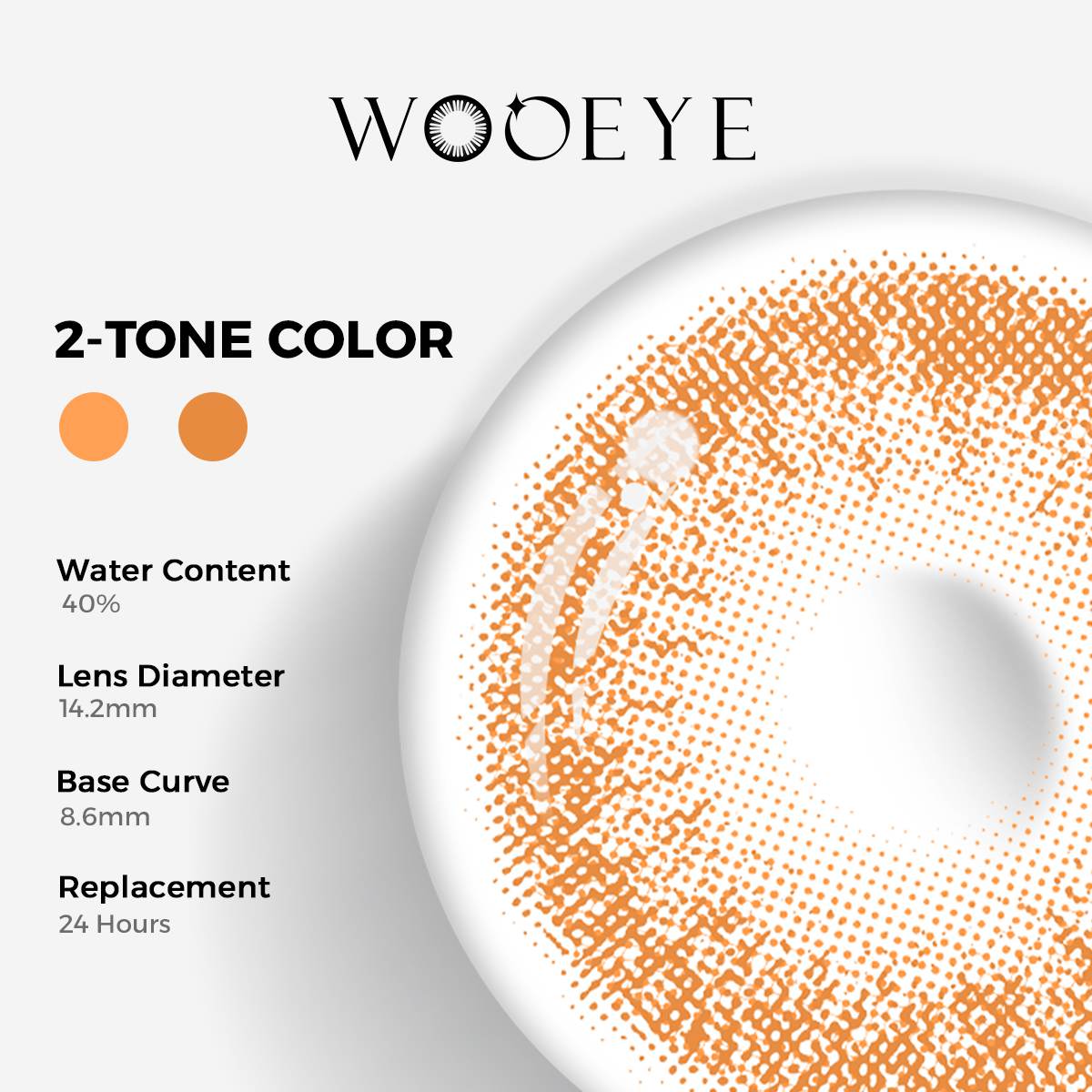 Coffee Gray Color Contacts specifications: 14.2mm diameter, 8.6mm base curve, and 40% water content for daily comfort.
