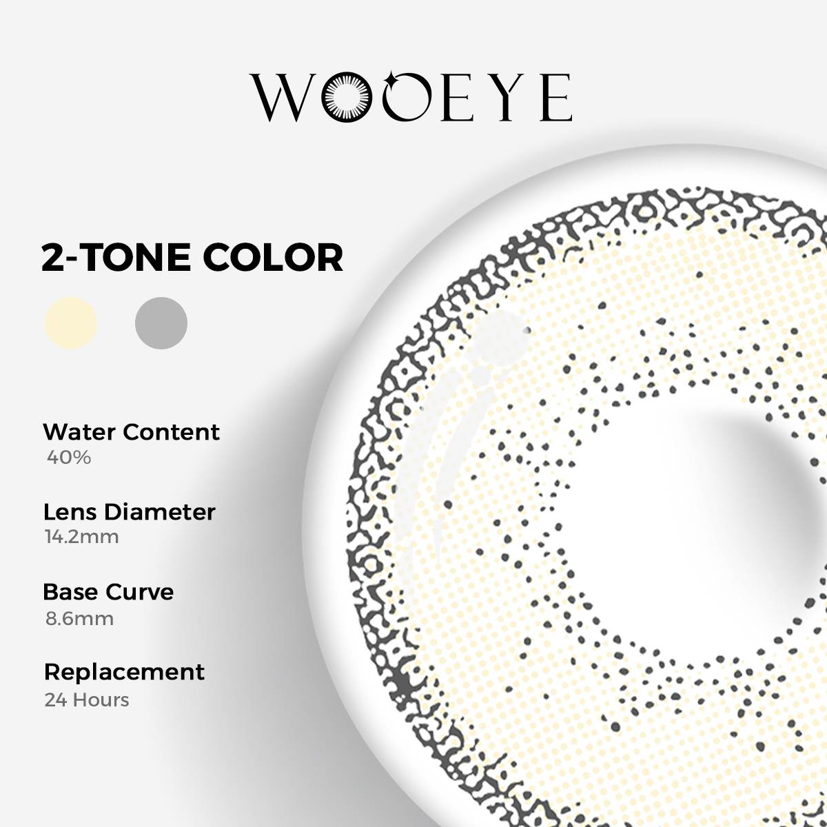 Cream Brown I Color Contacts specifications: 14.2mm diameter, 8.6mm base curve, and 40% water content for daily comfort.