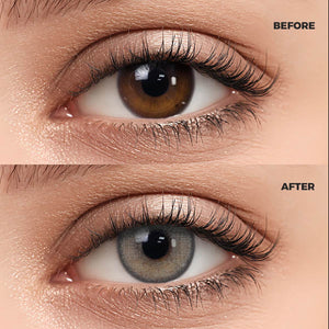 Girl wearing Cream Brown I contact lenses before and after effect