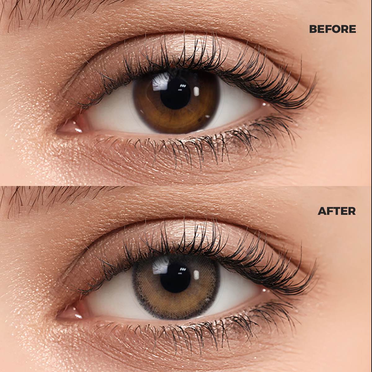 Girl wearing Cream Brown II contact lenses before and after effect