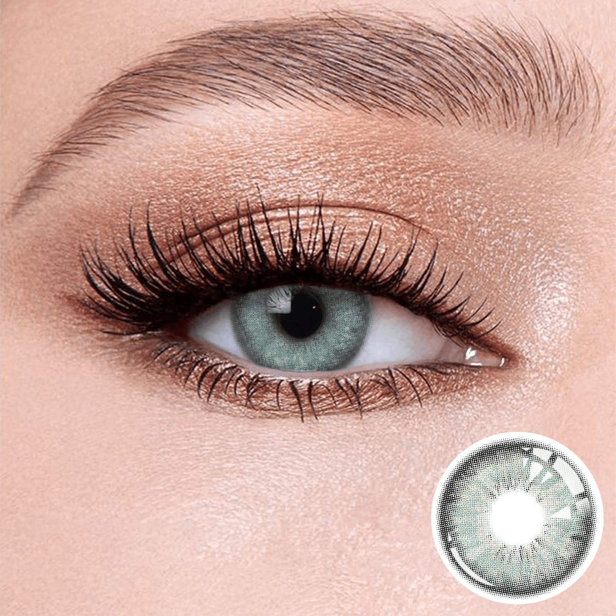 Dancer Light Green contact lenses on the eyes, close-up of the product on the lower right