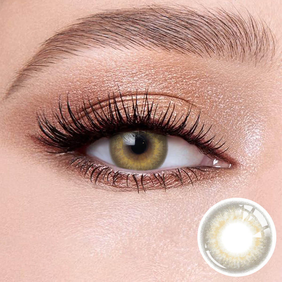 Dew Gray contact lenses on the eyes, close-up of the product on the lower right