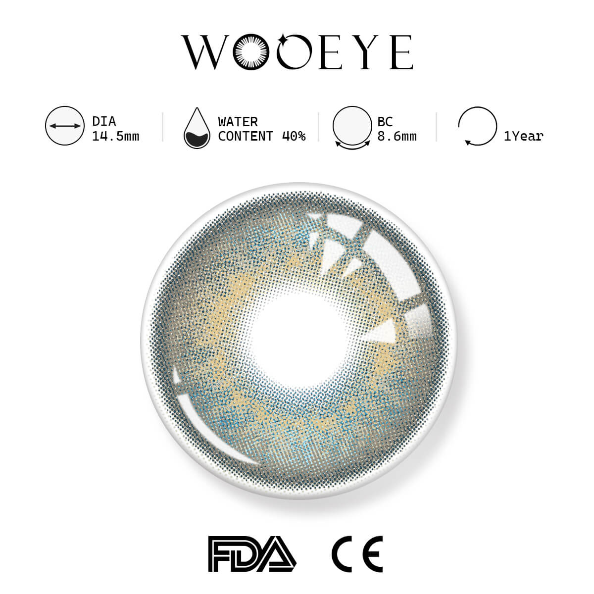 Dew Gray product specifications, Wooeye logo on top, FDA and CE certification marks on bottom