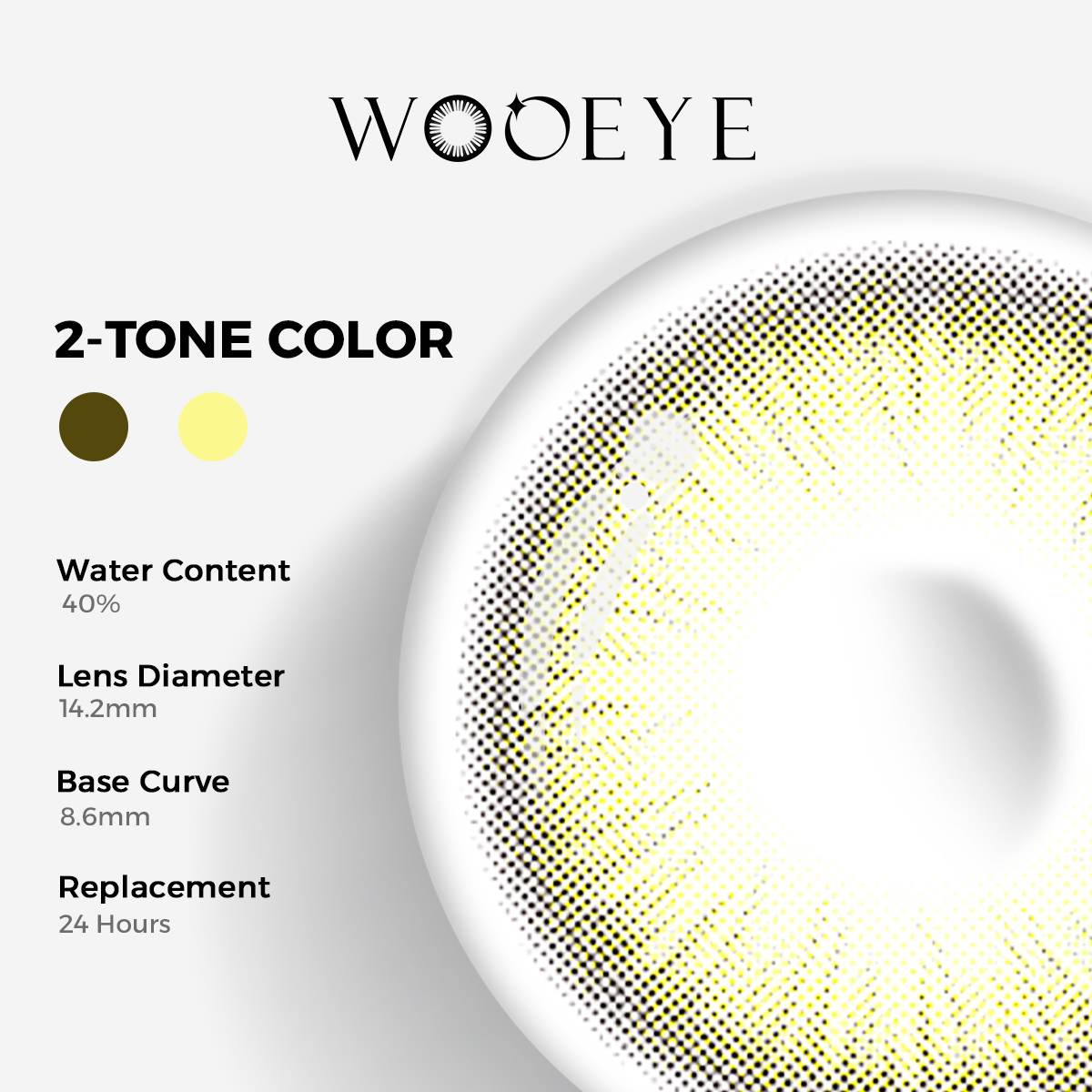 Diamond Brown Color Contacts specifications: 14.2mm diameter, 8.6mm base curve, and 40% water content for daily comfort.