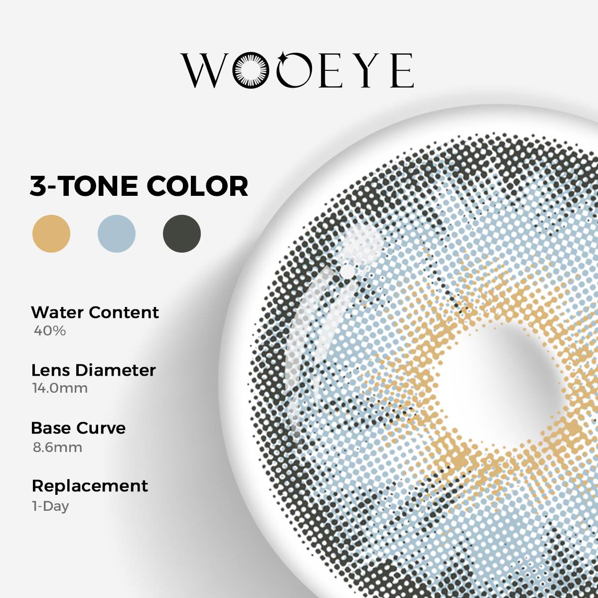 Mermaid Blue Color Contacts specifications: 14.0mm diameter, 8.6mm base curve, and 40% water content for daily comfort.