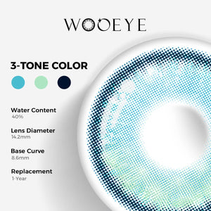 Bubbles Blue Color Contacts specifications: 14.2mm diameter, 8.6mm base curve, and 40% water content for daily comfort.
