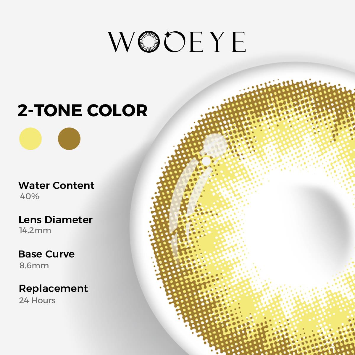 Queen Brown II Color Contacts specifications: 14.2mm diameter, 8.6mm base curve, and 40% water content for daily comfort.