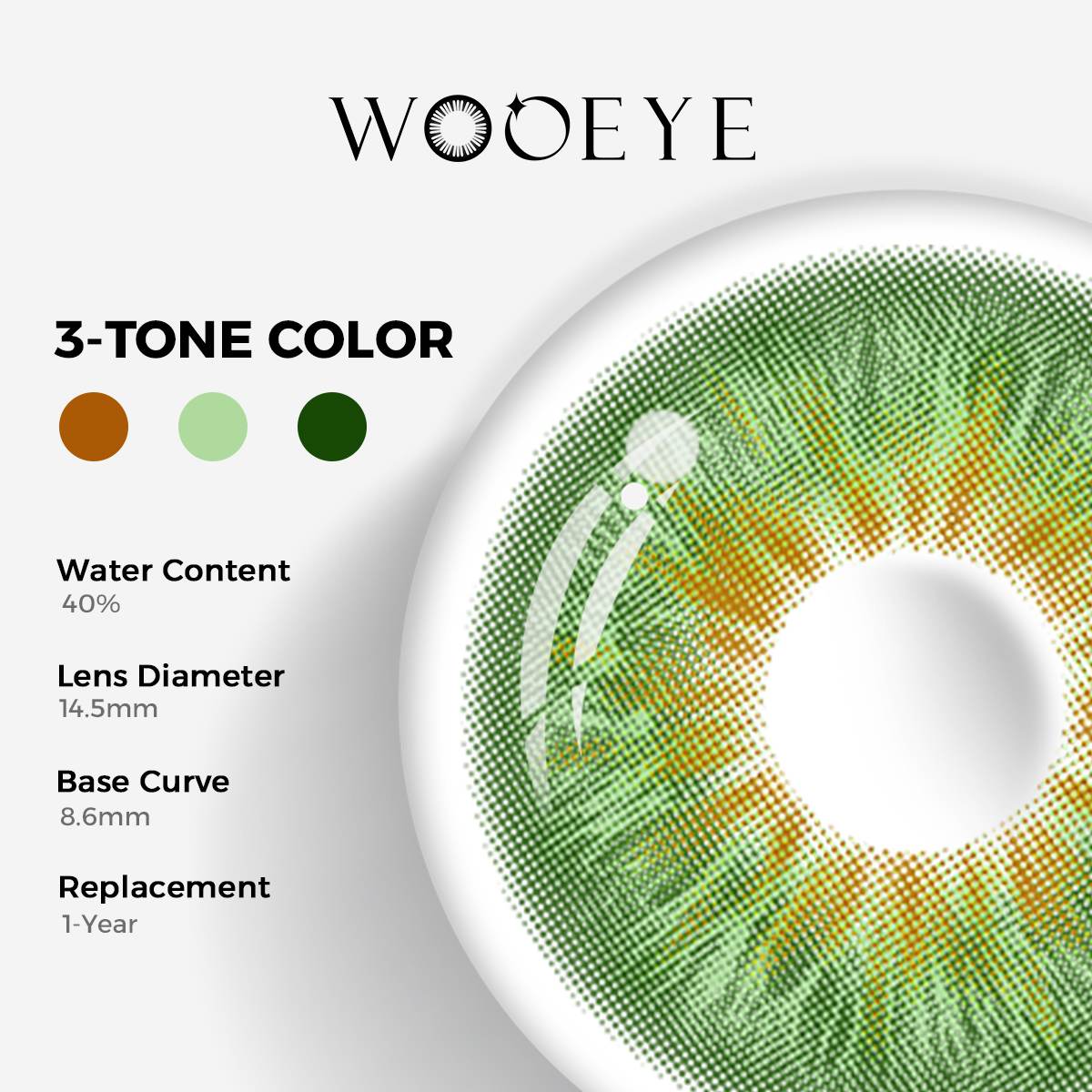 Vegas Green Color Contacts specifications: 14.5mm diameter, 8.6mm base curve, and 40% water content for daily comfort.