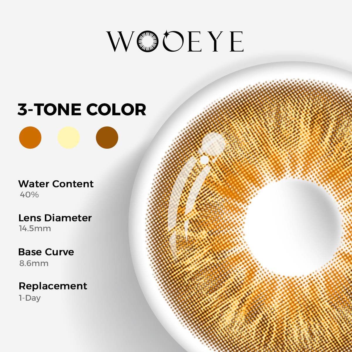 Wild Brown Color Contacts specifications: 14.5mm diameter, 8.6mm base curve, and 40% water content for daily comfort.