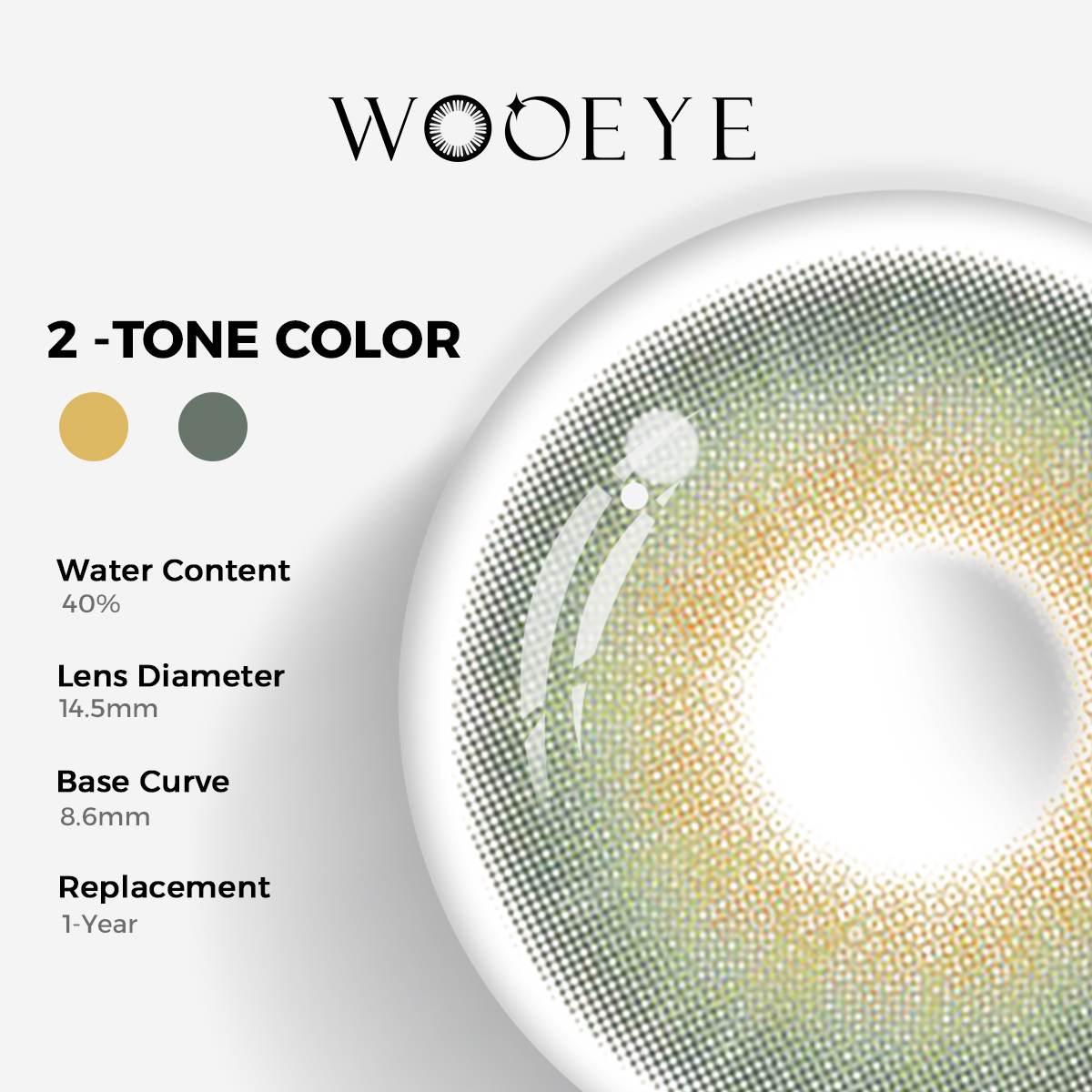 Moonlit Blue Color Contacts specifications: 14.5mm diameter, 8.6mm base curve, and 40% water content for daily comfort.