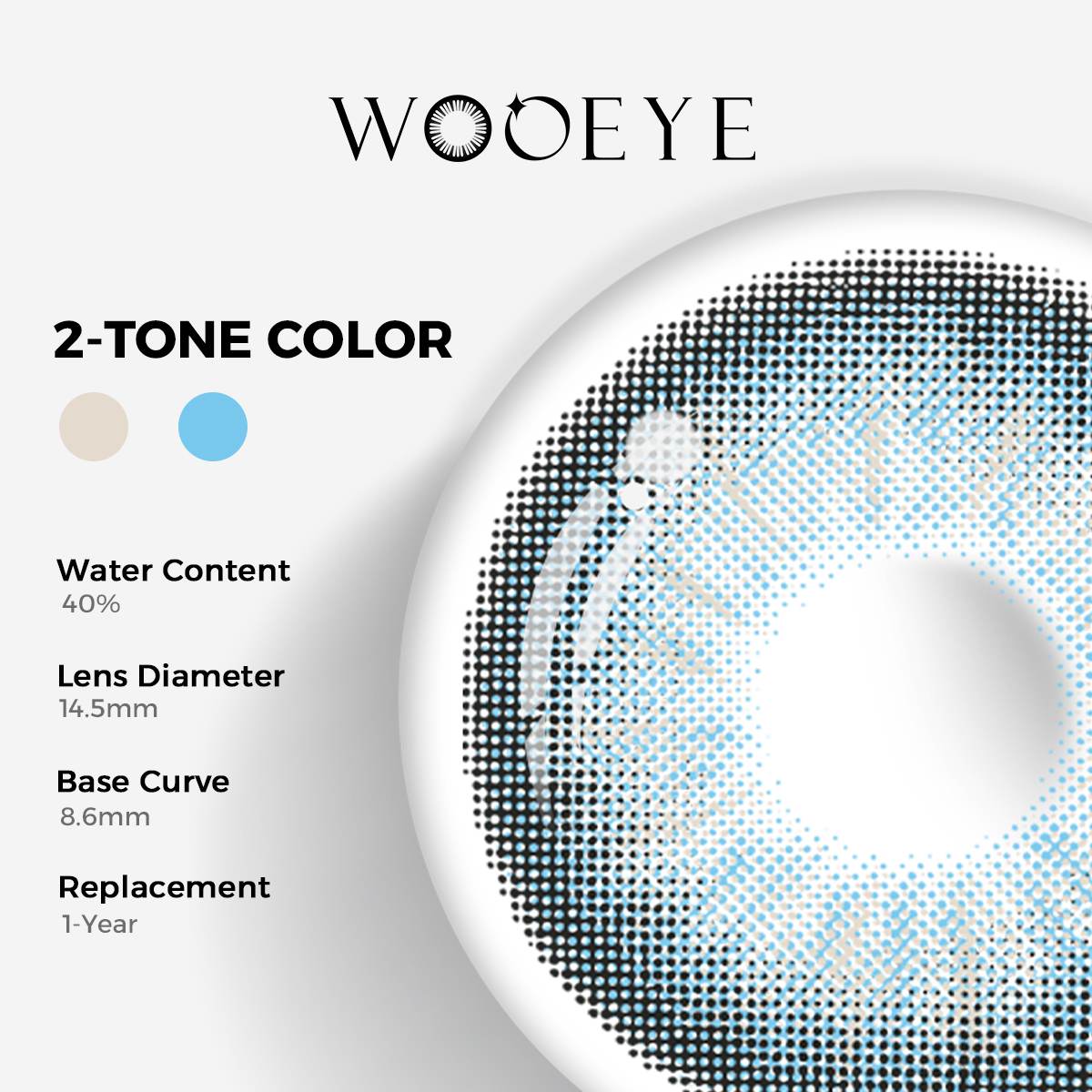 Jennie Blue Color Contacts specifications: 14.5mm diameter, 8.6mm base curve, and 40% water content for daily comfort.