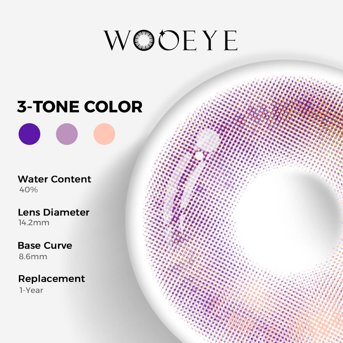 Clouds Purple Color Contacts specifications: 14.2mm diameter, 8.6mm base curve, and 40% water content for daily comfort.