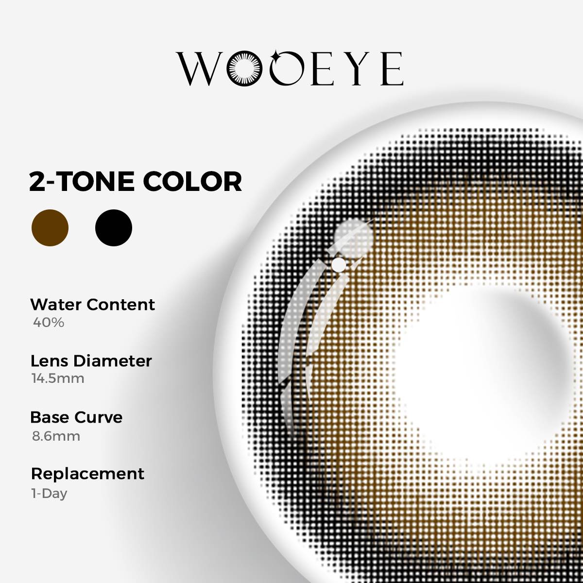 Acorn Black Grey Color Contacts specifications: 14.5mm diameter, 8.6mm base curve, and 40% water content for daily comfort.