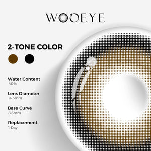 Acorn Black Grey Color Contacts specifications: 14.5mm diameter, 8.6mm base curve, and 40% water content for daily comfort.