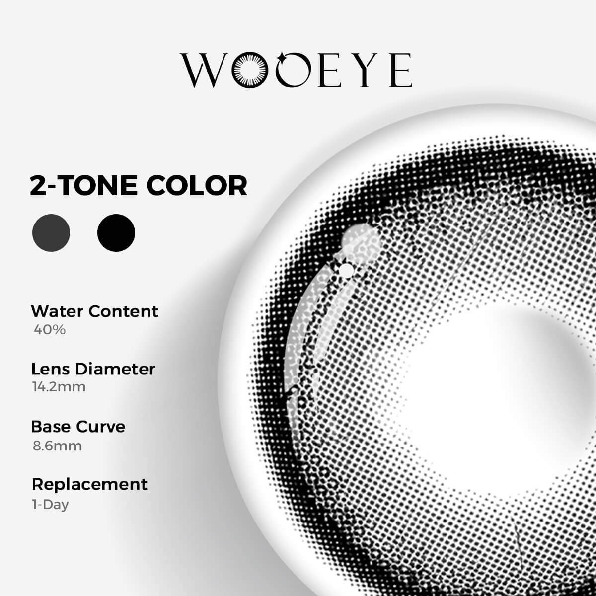 Mocha Gray Contact Lenses Color Contacts specifications: 14.2mm diameter, 8.6mm base curve, and 40% water content for daily comfort.