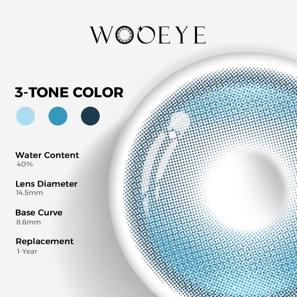 Halo Pro Blue Color Contacts specifications: 14.5mm diameter, 8.6mm base curve, and 40% water content for daily comfort.