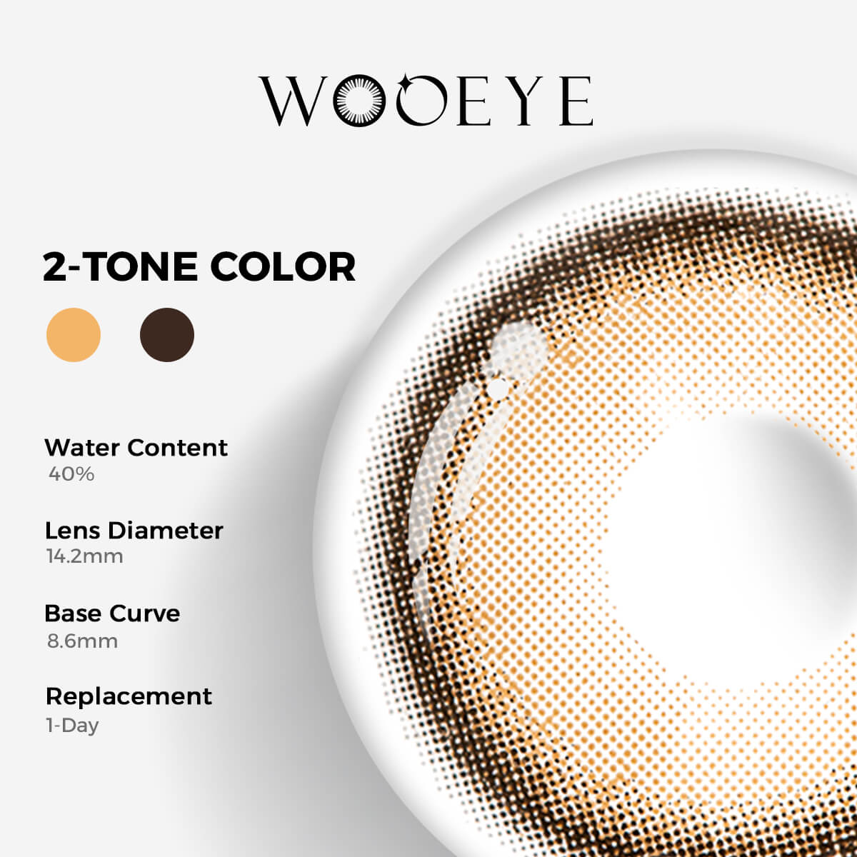 Hazel Brown Contact Lenses Color Contacts specifications: 14.2mm diameter, 8.6mm base curve, and 40% water content for daily comfort.