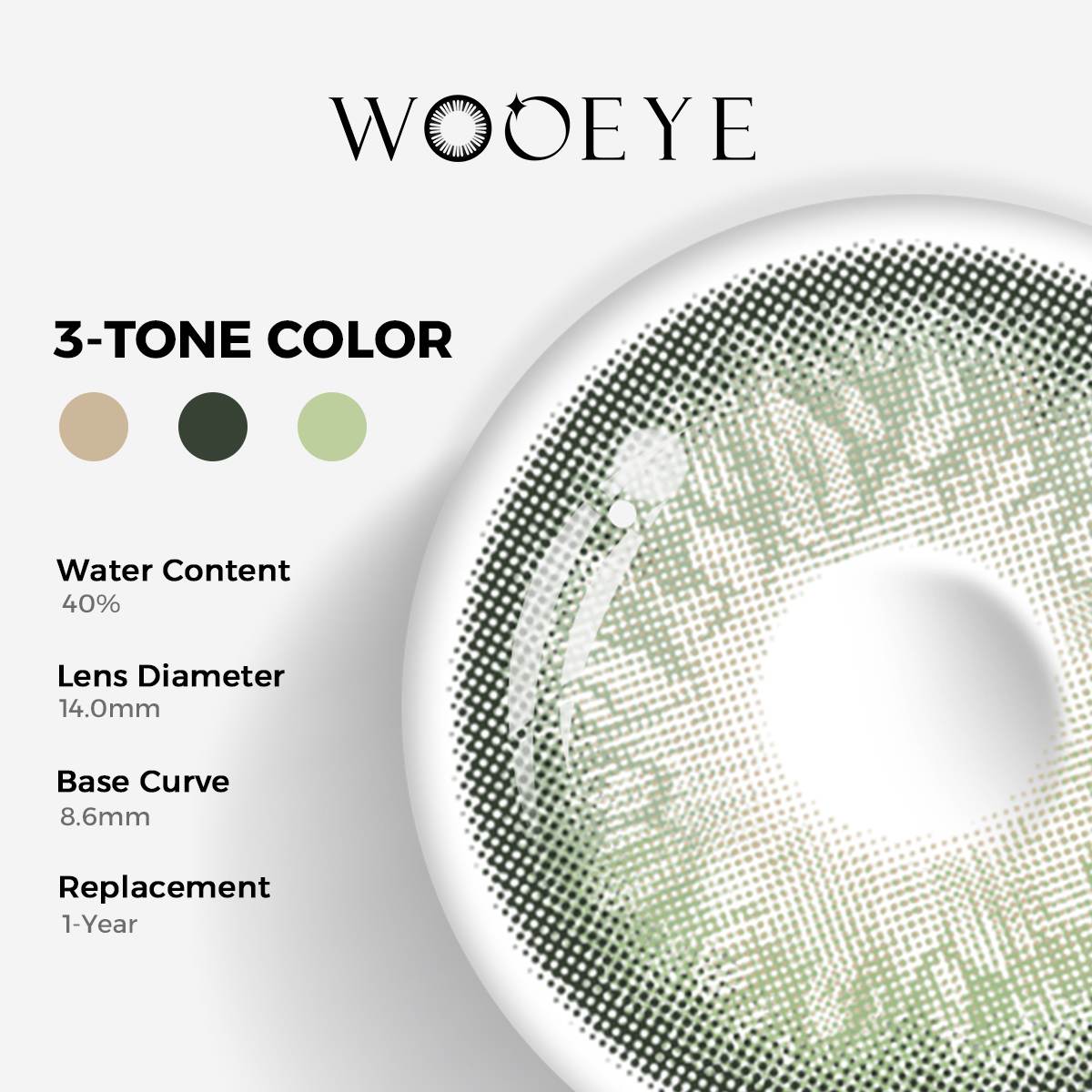 Alice Green Color Contacts specifications: 14.0mm diameter, 8.6mm base curve, and 40% water content for daily comfort.