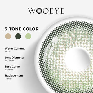 Alice Green Color Contacts specifications: 14.0mm diameter, 8.6mm base curve, and 40% water content for daily comfort.