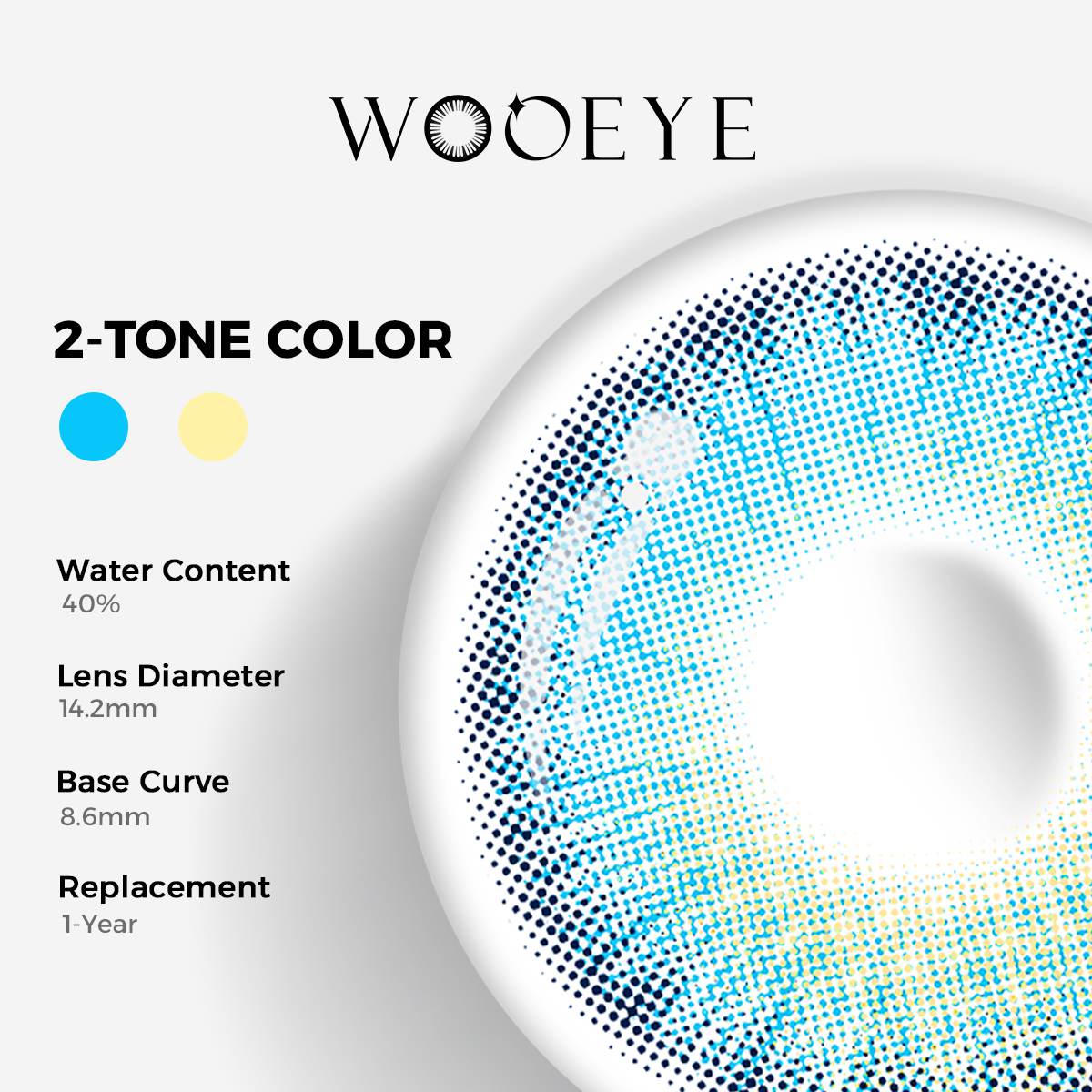 Romantic Blue Color Contacts specifications: 14.2mm diameter, 8.6mm base curve, and 40% water content for daily comfort.