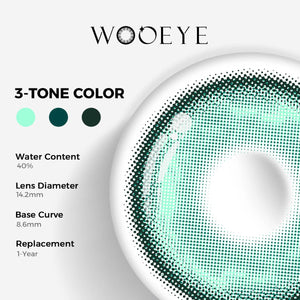 Heaven Green Color Contacts specifications: 14.2mm diameter, 8.6mm base curve, and 40% water content for daily comfort.