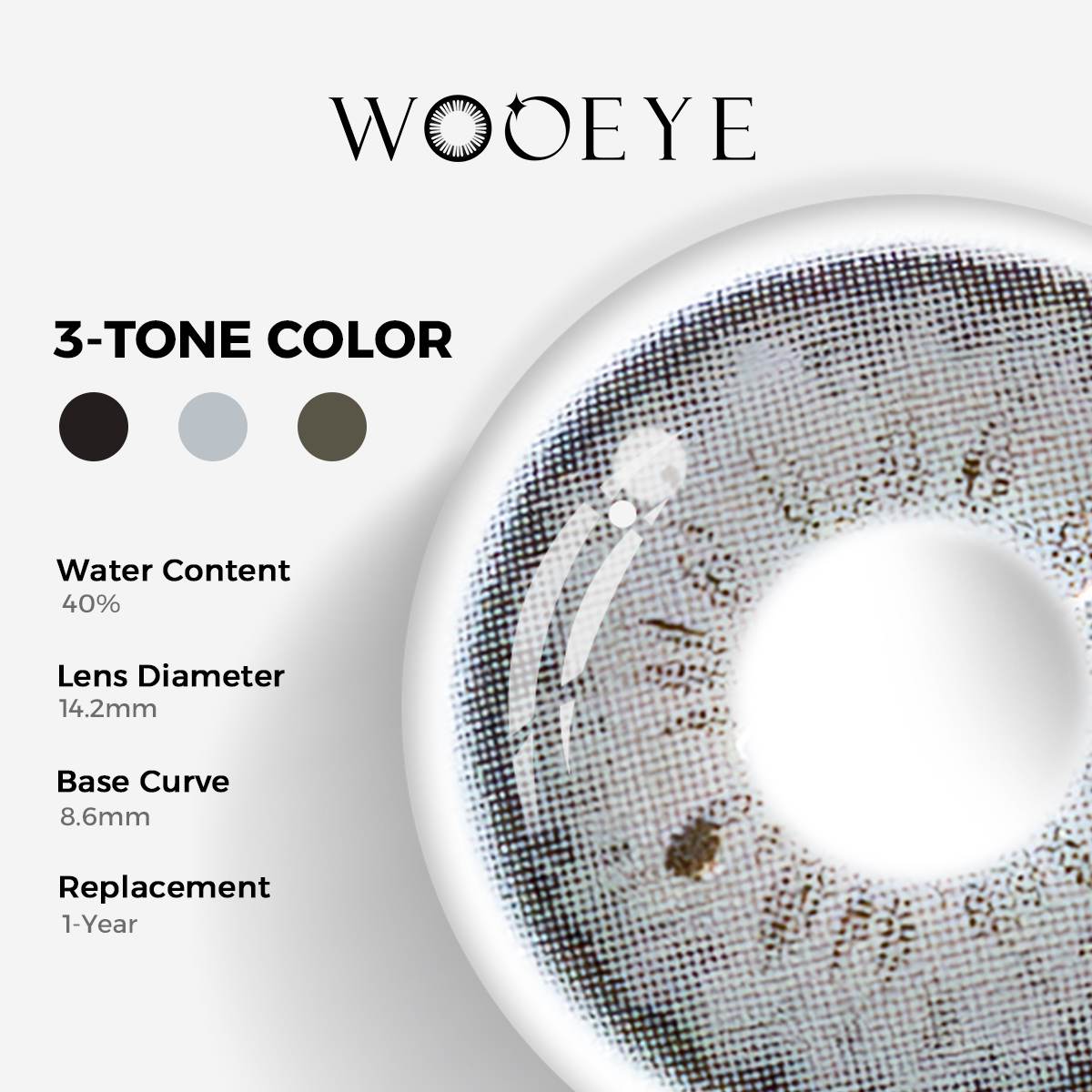Magic Grey Color Contacts specifications: 14.2mm diameter, 8.6mm base curve, and 40% water content for daily comfort.