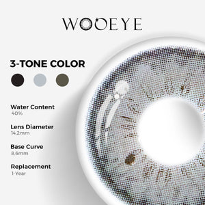 Magic Grey Color Contacts specifications: 14.2mm diameter, 8.6mm base curve, and 40% water content for daily comfort.