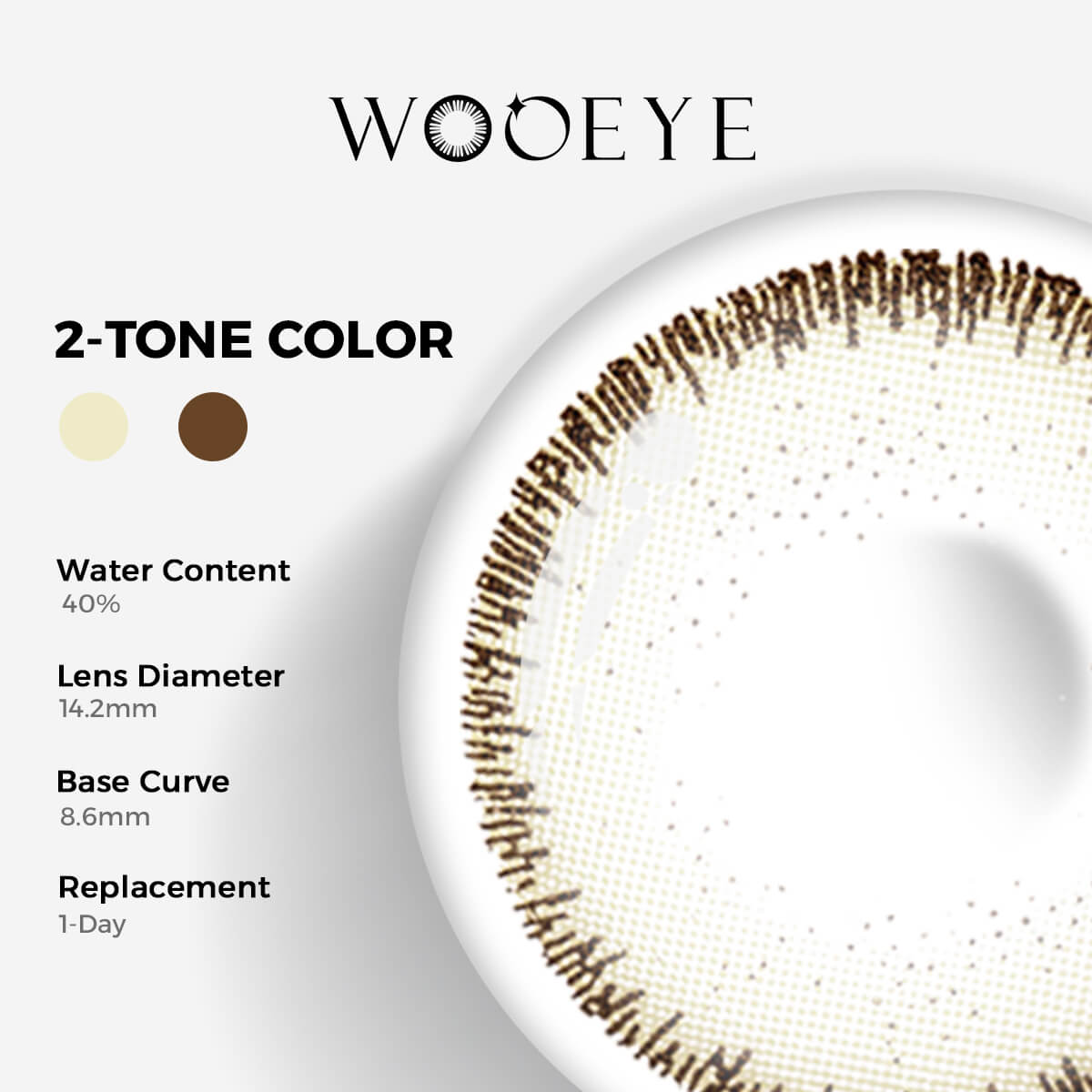 Oat Gray Contact Lenses Color Contacts specifications: 14.2mm diameter, 8.6mm base curve, and 40% water content for daily comfort.