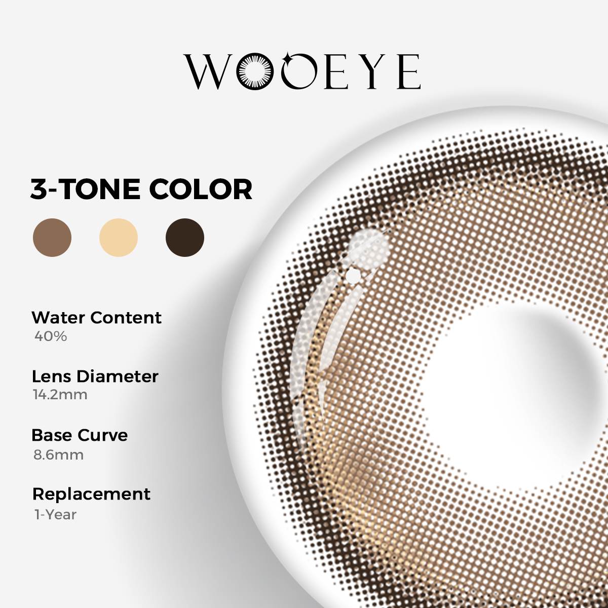 Master Tea Brown Color Contacts specifications: 14.2mm diameter, 8.6mm base curve, and 40% water content for daily comfort.