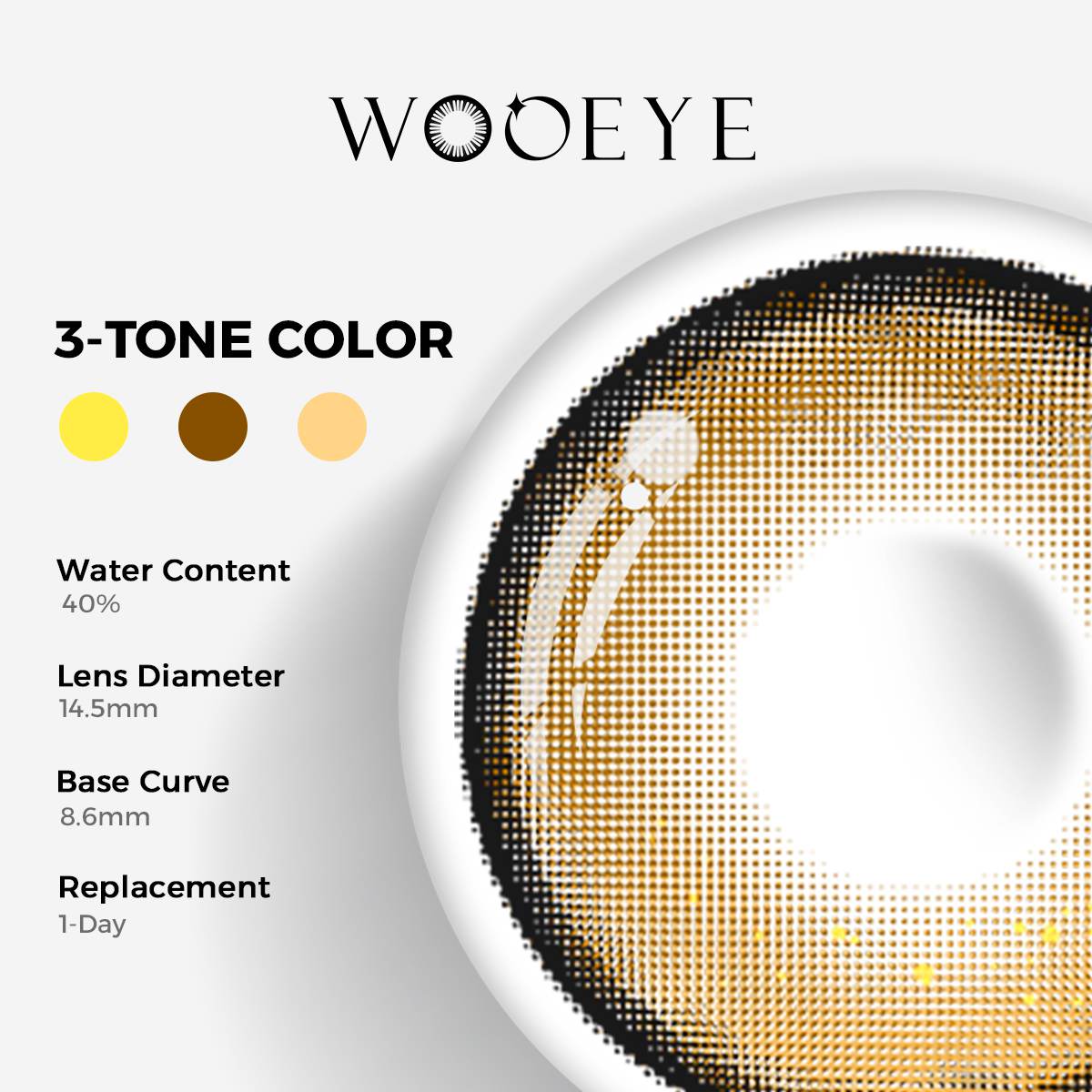 Milk Grey Color Contacts specifications: 14.5mm diameter, 8.6mm base curve, and 40% water content for daily comfort.