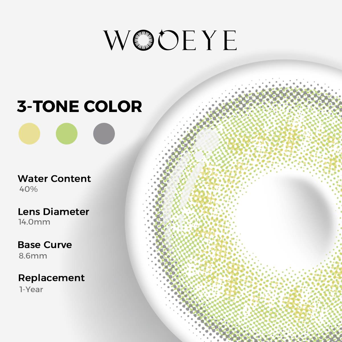 Russian Green Color Contacts specifications: 14.0mm diameter, 8.6mm base curve, and 40% water content for daily comfort.