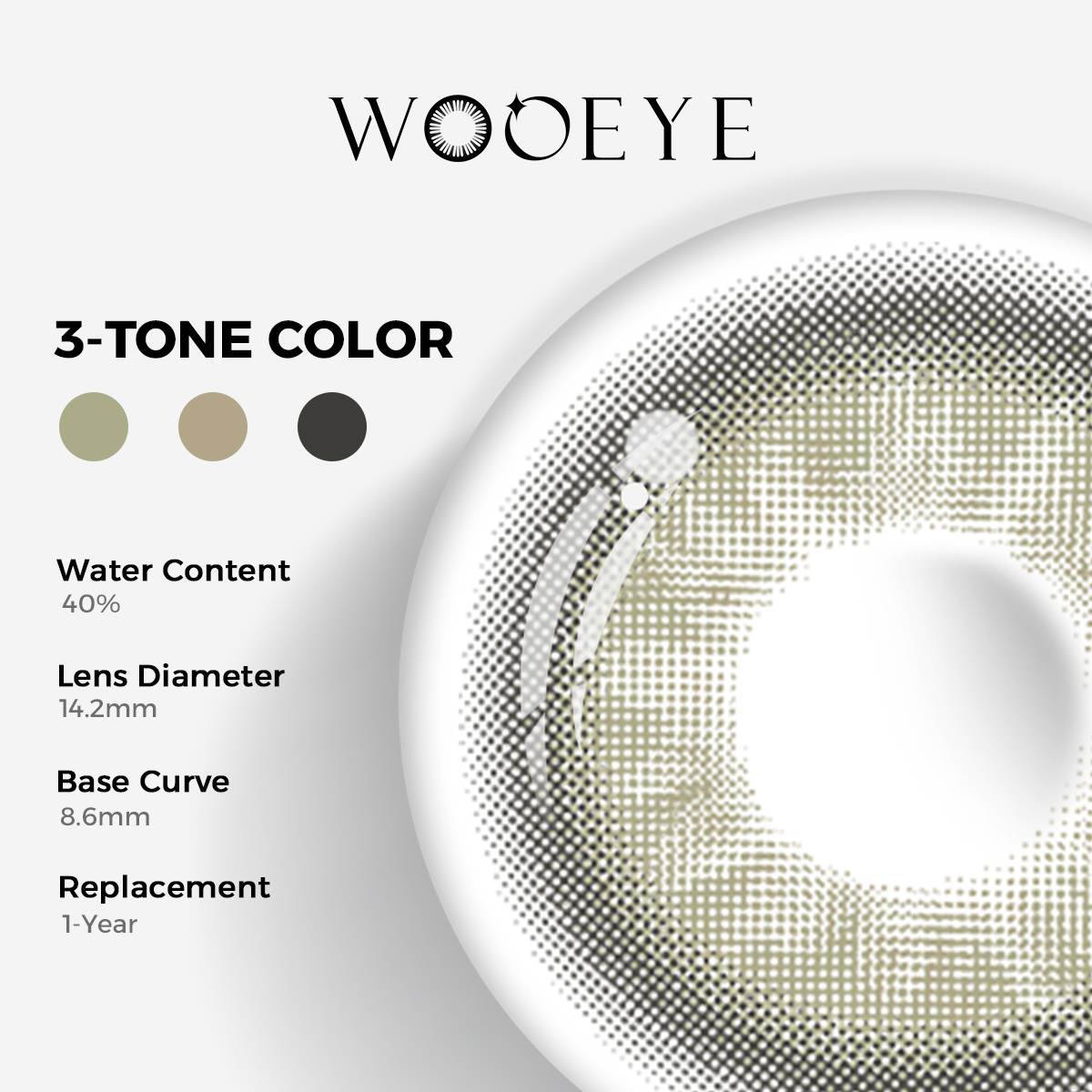 Master Brown Color Contacts specifications: 14.2mm diameter, 8.6mm base curve, and 40% water content for daily comfort.