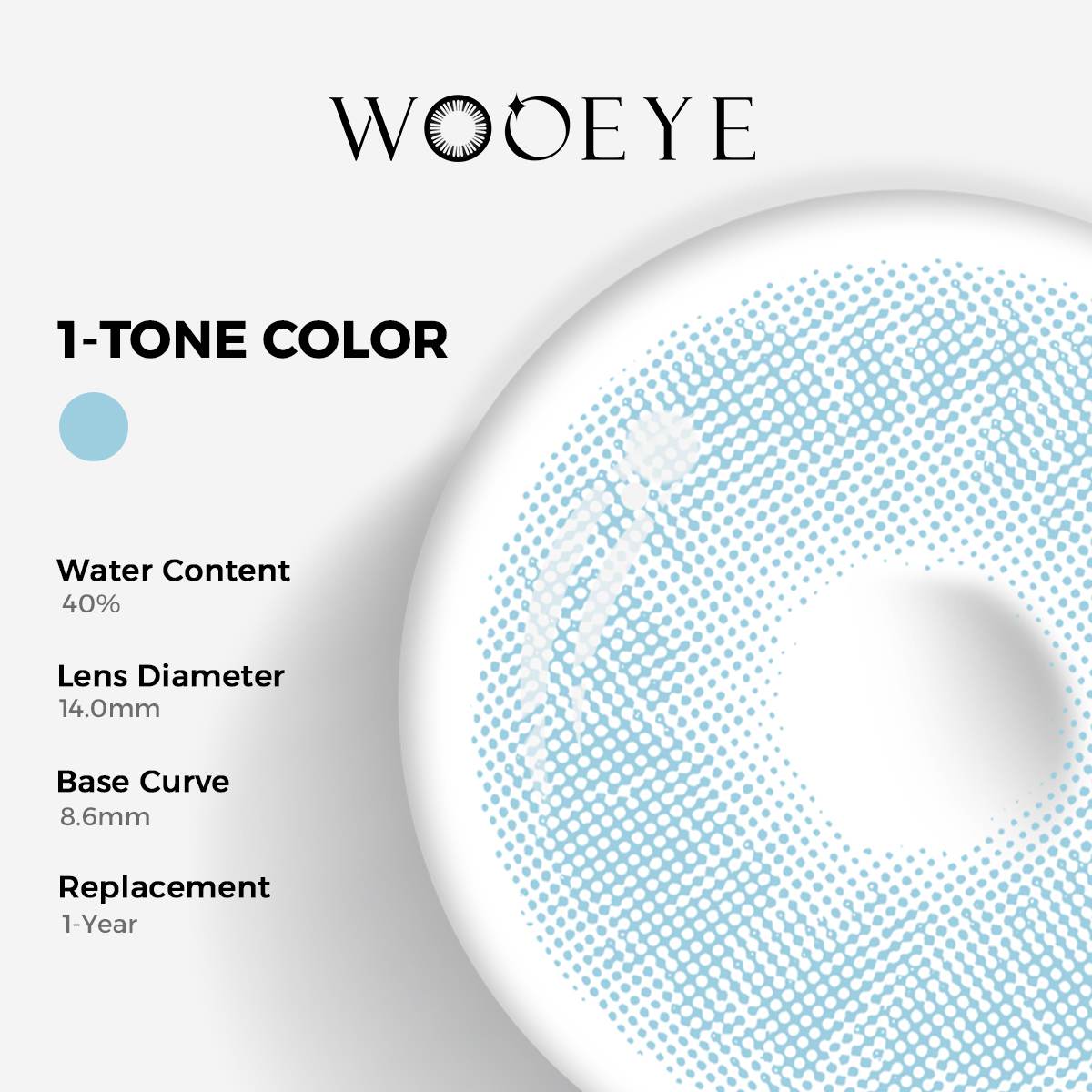 Mulberry Blue Color Contacts specifications: 14.0mm diameter, 8.6mm base curve, and 40% water content for daily comfort.