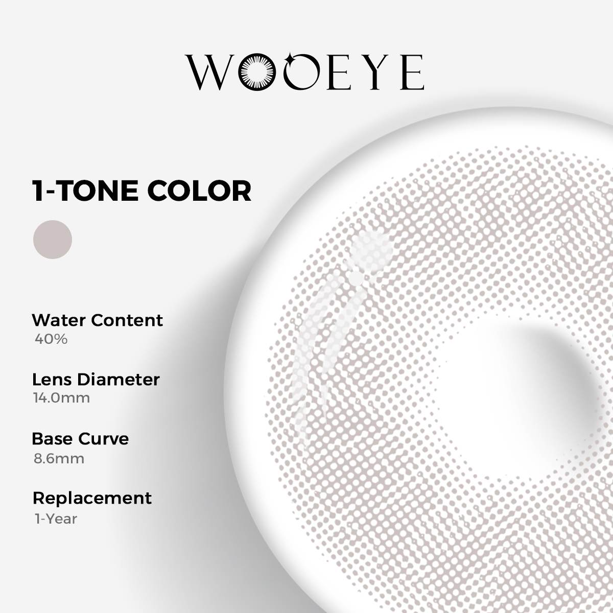 Mulberry Grey Color Contacts specifications: 14.0mm diameter, 8.6mm base curve, and 40% water content for daily comfort.