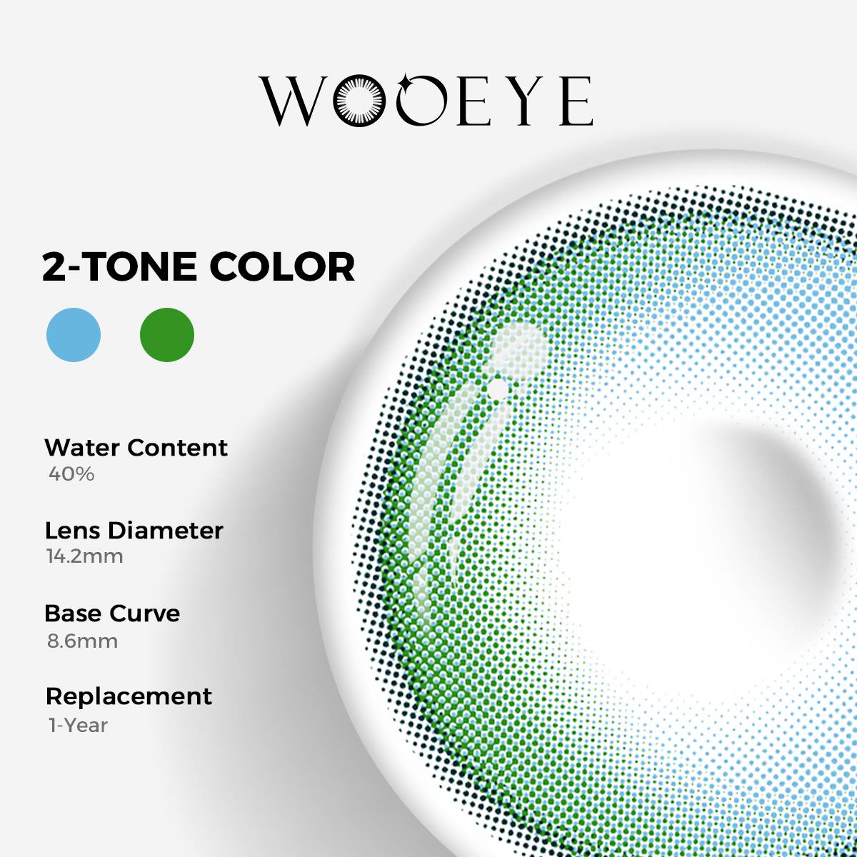 Soul Green Color Contacts specifications: 14.2mm diameter, 8.6mm base curve, and 40% water content for daily comfort.