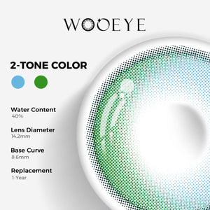 Soul Green Color Contacts specifications: 14.2mm diameter, 8.6mm base curve, and 40% water content for daily comfort.