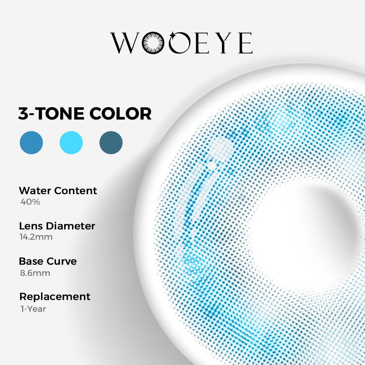 Clouds Blue Color Contacts specifications: 14.2mm diameter, 8.6mm base curve, and 40% water content for daily comfort.